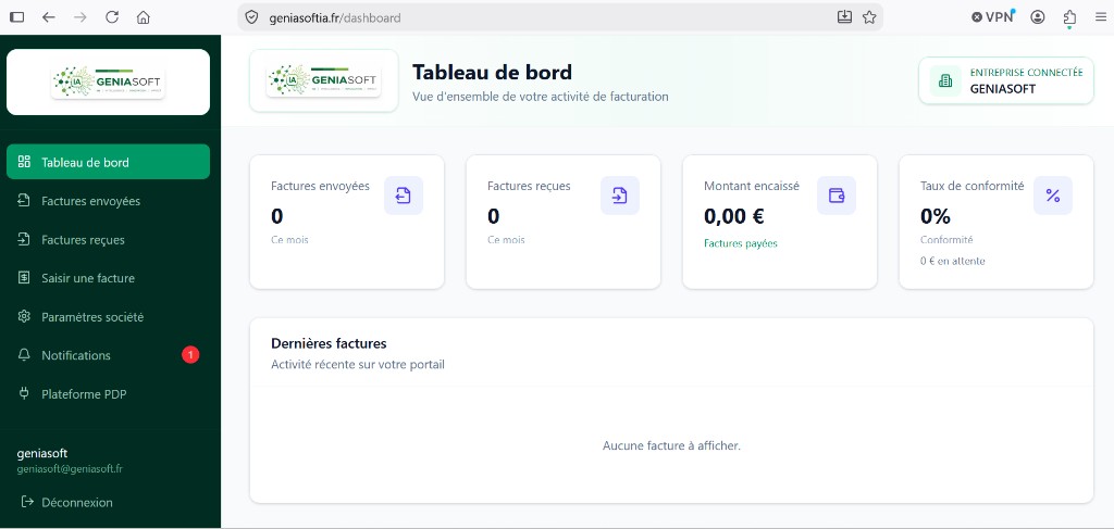 Tableau de bord du portail e-invoicing GeniaSoft IA : factures envoyées, factures reçues, montants et conformité